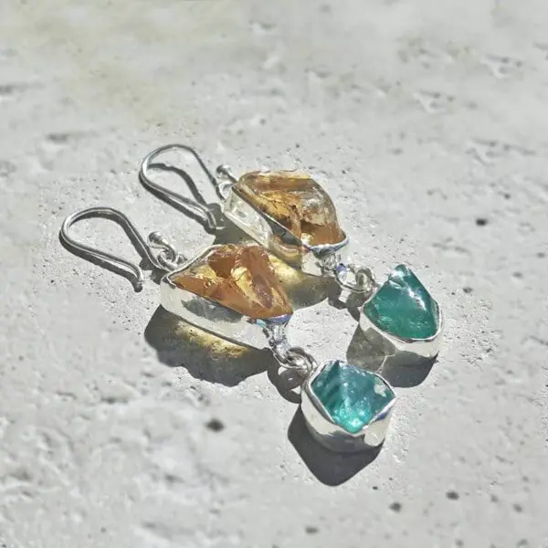 Boucles d'oreilles argent citrine et topaze bleue brute