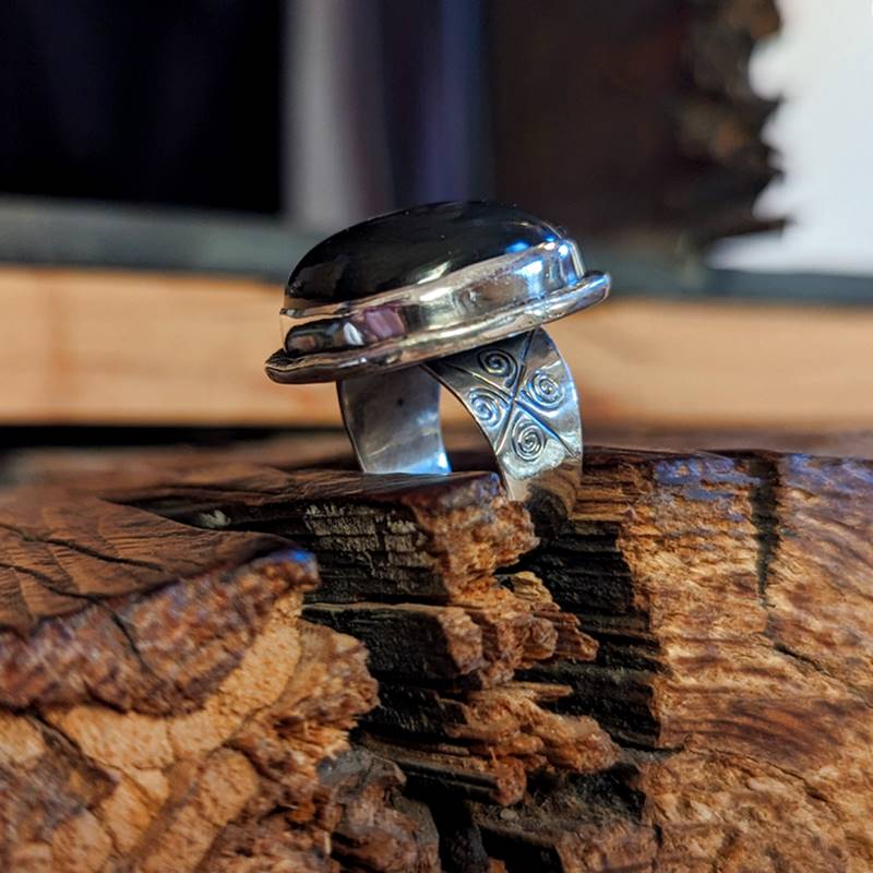 Triple Stone Silver Sheen Obsidian Ring in Solid Sterling Silver- Designed by FOXLARK Collection Size 5 6 7 8 9 10 11 / Gothic Jewelry 8