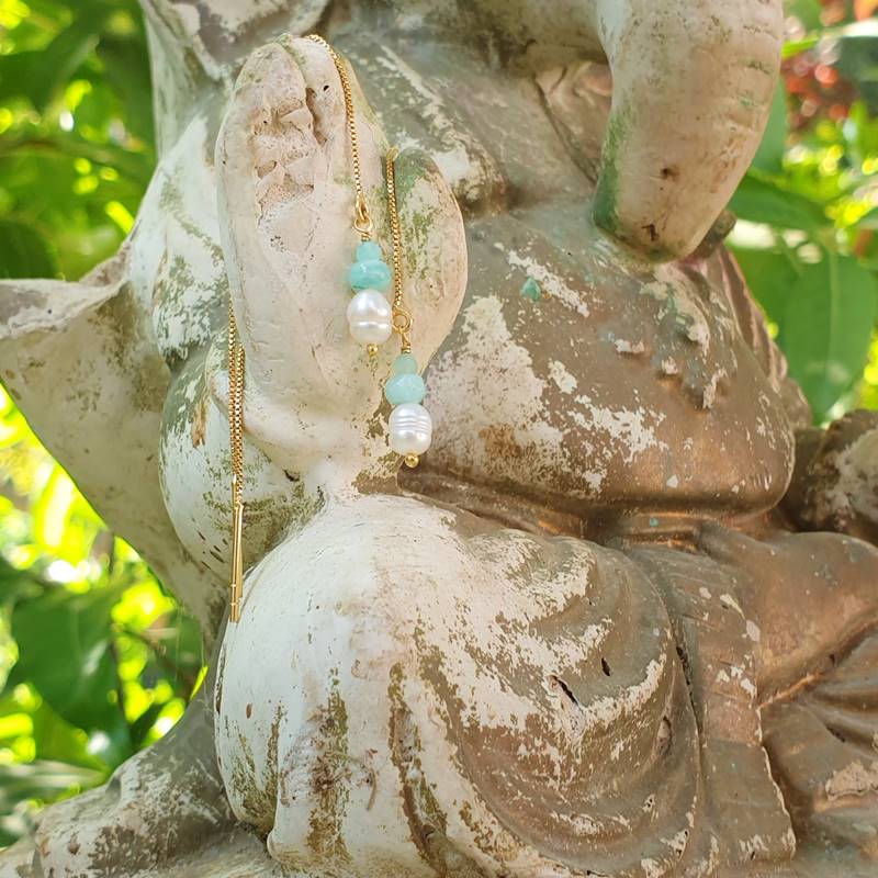 v Boucles d'oreilles dorées pendantes Amazonite